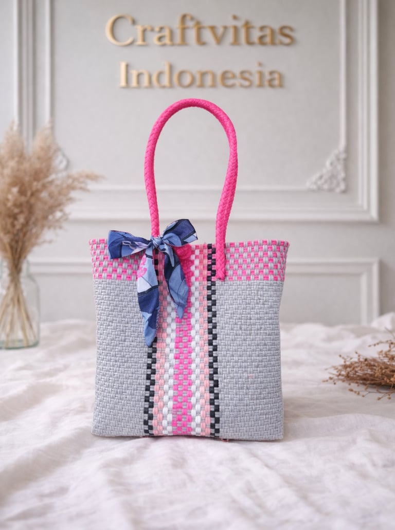 Tas anyaman plastik motif batik abu pink handmade dari Craftvitas Indonesia