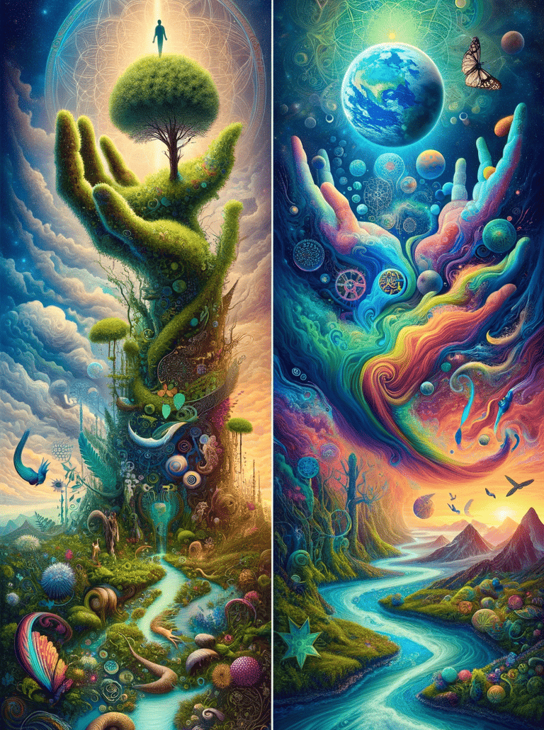 two paintings of a man holding a tree