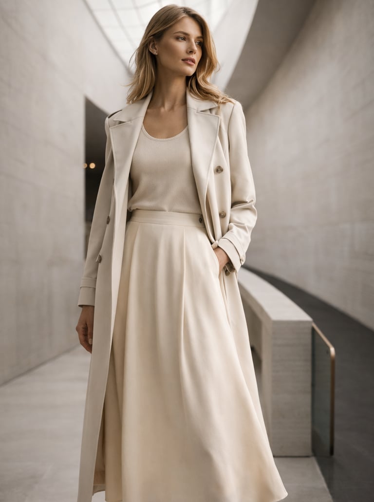Woman in beige minimalist outfit modern luxury setting