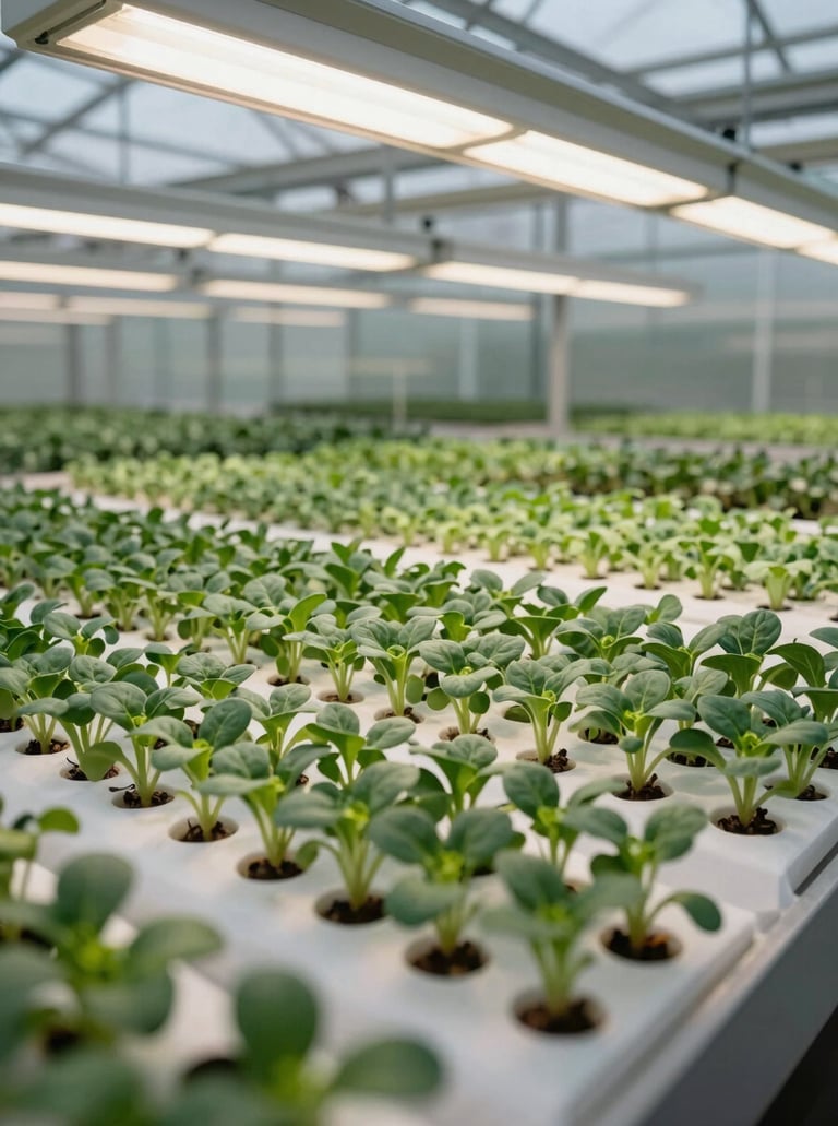 A sophisticated wide-angle photograph of a pristine, high-tech indoor greenhouse in North America. Rows of vibrant dark green microgreens are perfectly aligned under soft, full-spectrum lights. The atmosphere is clean, minimalist, and serene, emphasizing premium agricultural excellence.