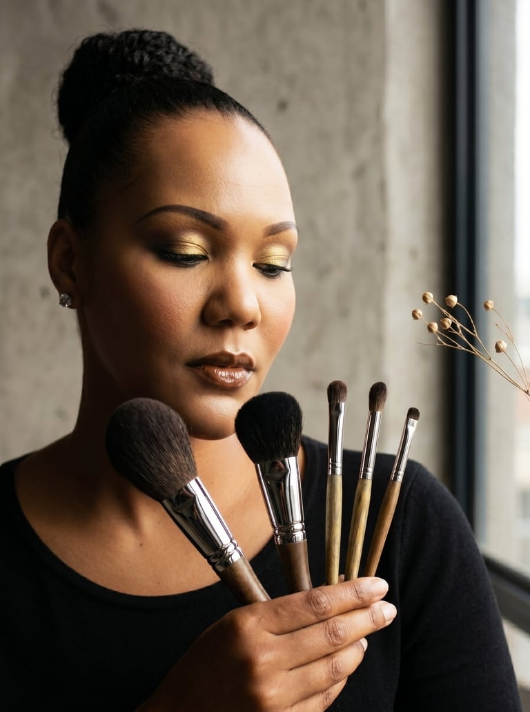 A makeup artist with gold eyeshadow holding a professional set of blending and powder brushes.