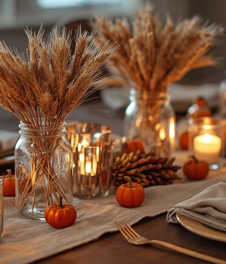 DIY dining table with mason jars of wheat, tiny pumpkins, candles, and matte black candlesticks