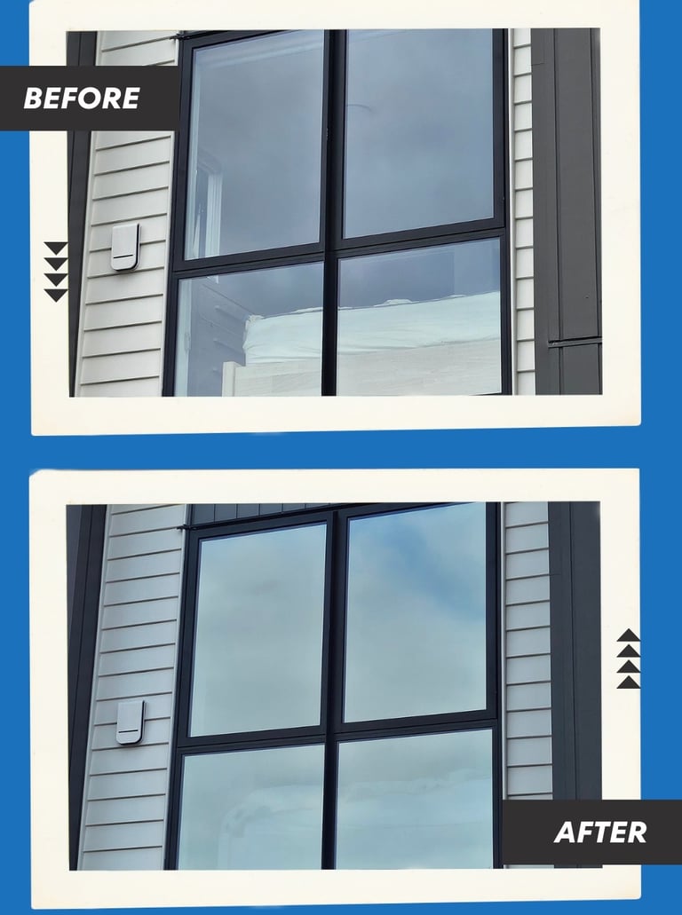Before and after comparison of professional window film installation on a residential home
