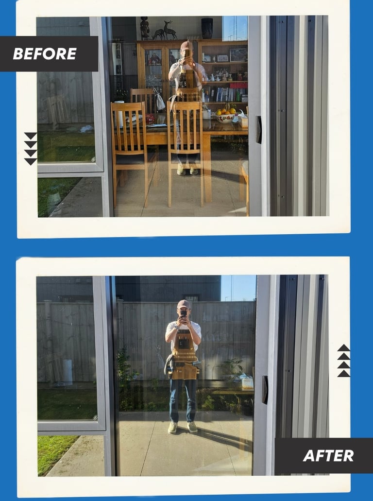 Before and after glass window tinting showing reduced interior glare and improved privacy.
