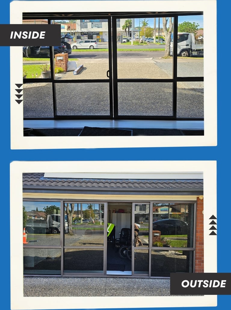 Inside and outside view of sliding glass doors after a privacy window film installation.