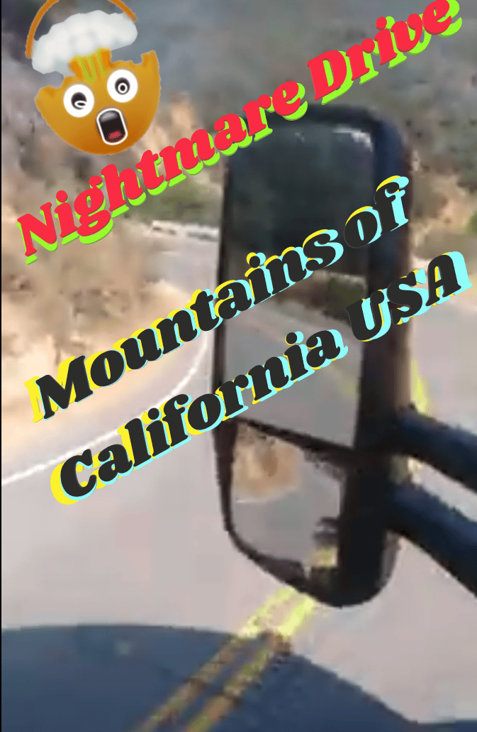 a scary emoji with a picture of a 18 wheeler Volvo Cab driving along a mountain along a winding road