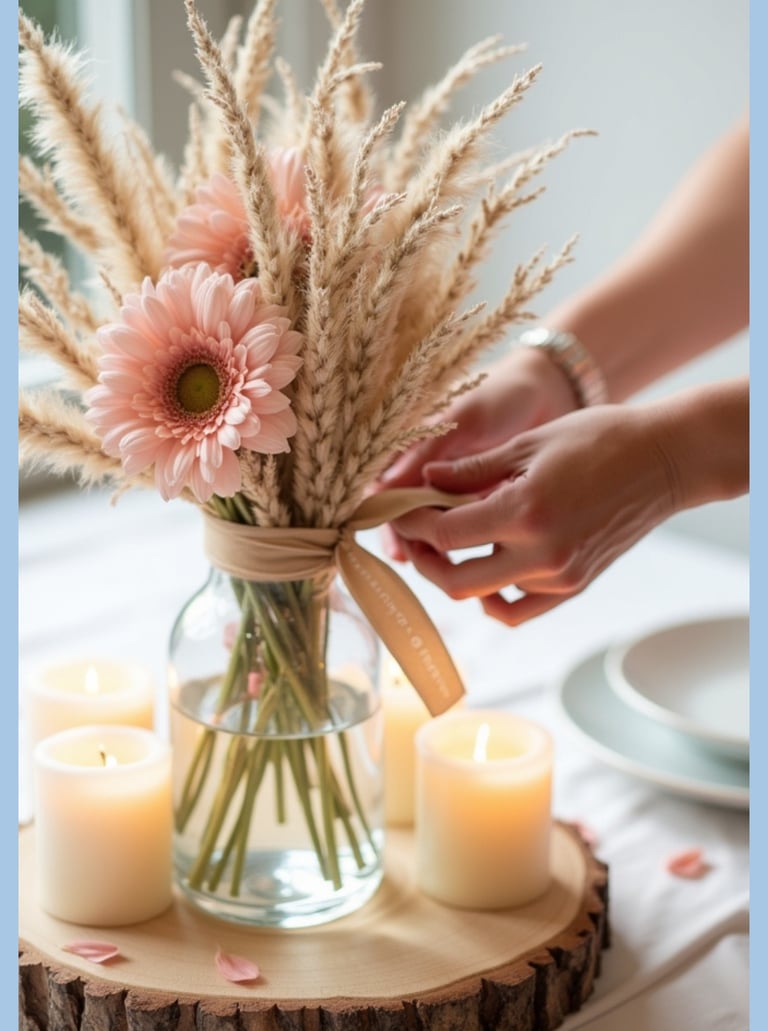 Centre de table en fleurs séchées installé sur une table de réception élégante.