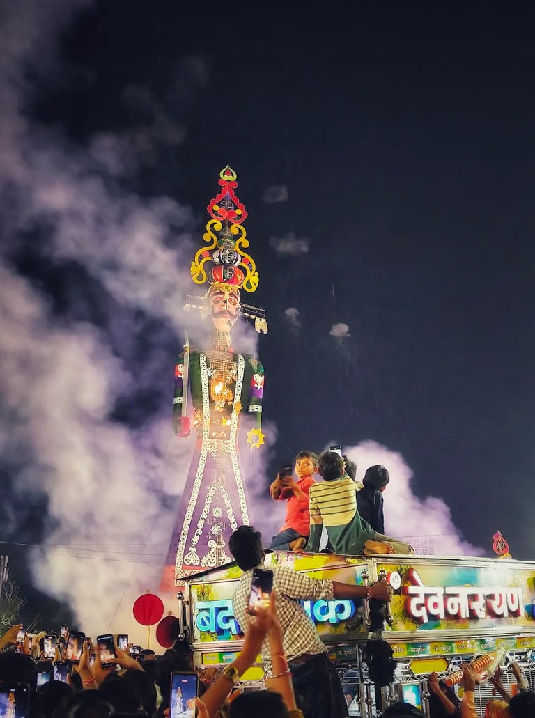Ravana’s effigy in flames at Kota Dussehra, marking the fall of arrogance and rise of righteousness.