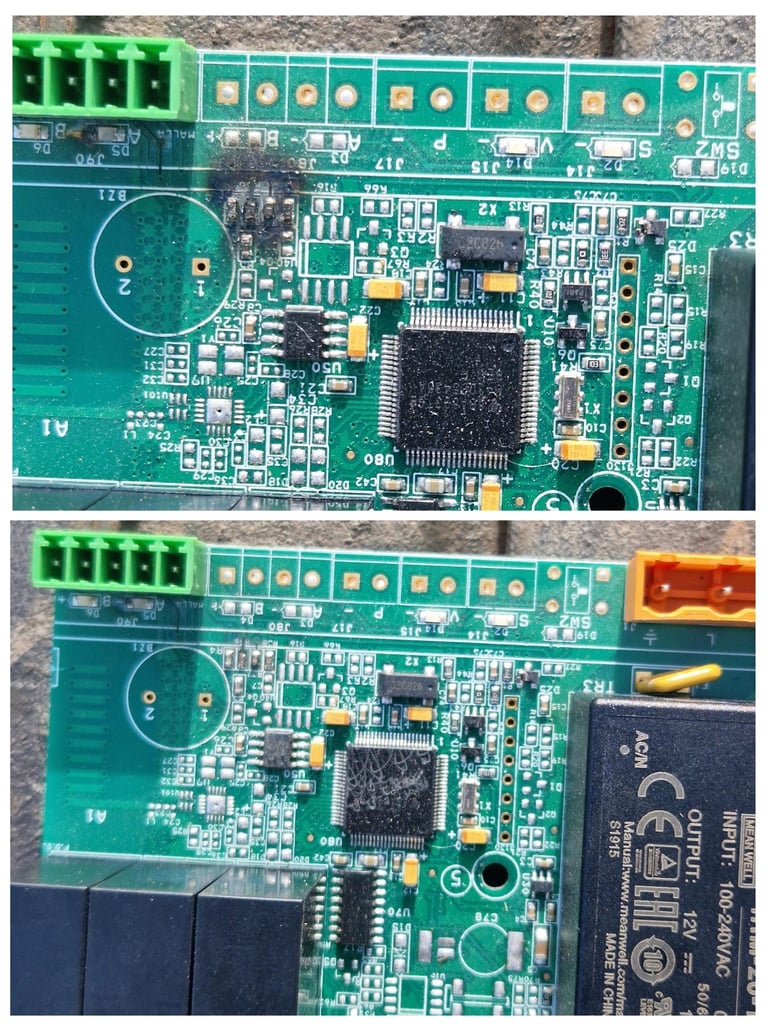                                  Placa de circuito verde dañada que muestra un componente quemado 