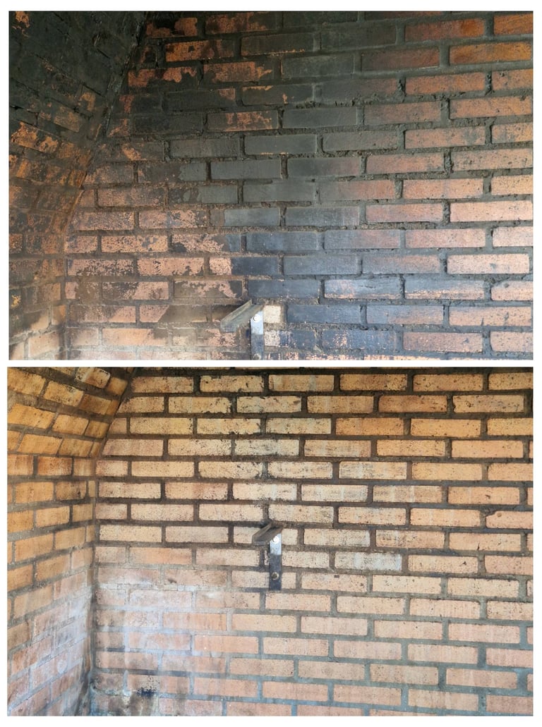 El antes y despues de una limpeza laser de hollin en ladrillo visto
