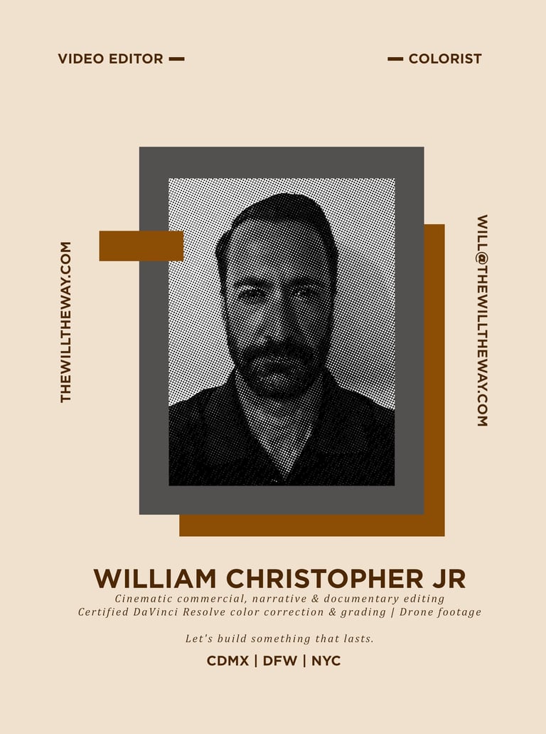 Professional portfolio card for video editor and colorist William Christopher Jr featuring a halftone portrait.