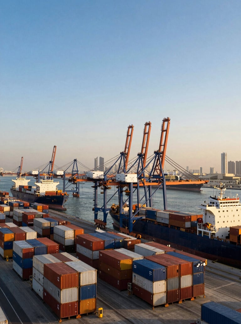 High-angle shot of Jebel Ali Port, Dubai, with container ships and cranes under a clear blue sky, industrial logistics, cinematic corporate photography, golden-hour architectural light, deep navy and warm gold tones, wide-angle architectural lens, 35mm.