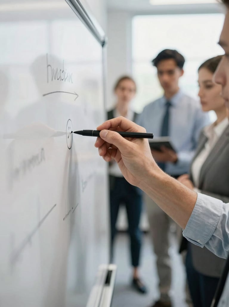 Close-up of hands drawing on a whiteboard during a corporate workshop, diverse team members collaborating in the background, bright natural light, shallow depth of field, professional, 35mm, focus on active participation.