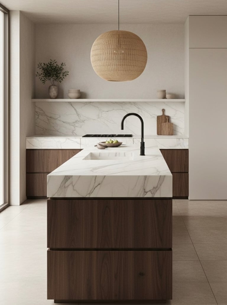 Cocina minimalista moderna a medida con isla en acabado mármol blanco y muebles marrones