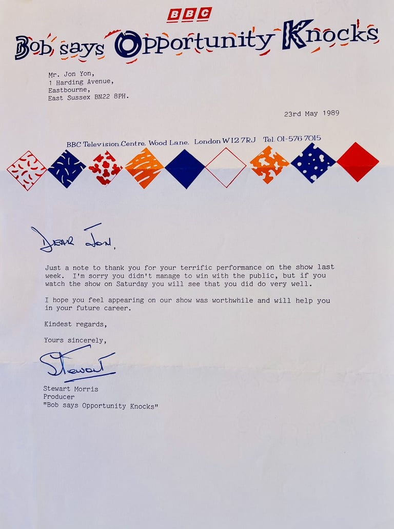BBC letter congratulating Jon Yon on his 'terrific performance' on the UK's most popular TV Show.