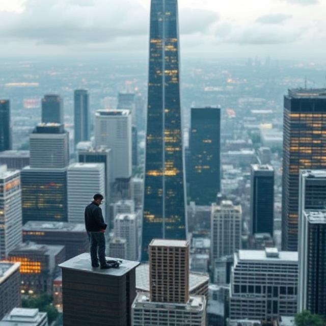 a man standing on top of a building and gauging strength of the person 