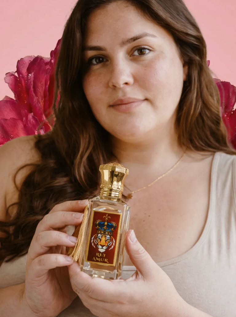 Beautiful model holding VIP KISS Collection from REYAMUR Fragrances in her hand in Casa Loma Toronto