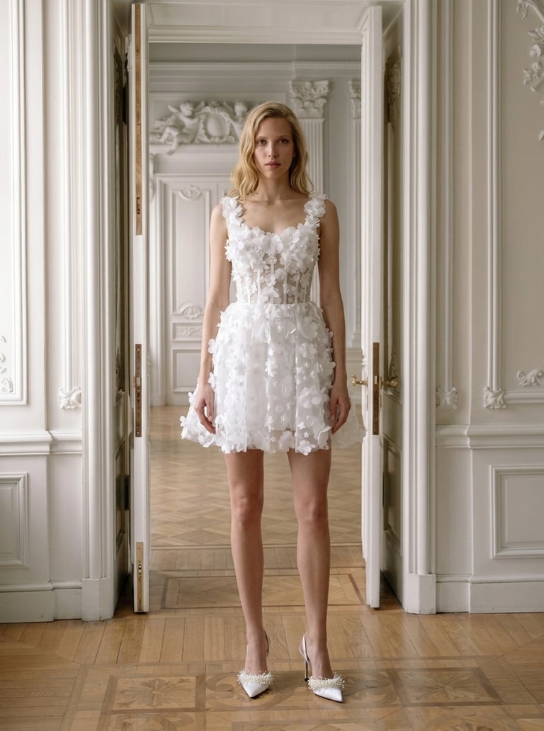 A model wears a white floral applique cocktail dress with pearl heels in a luxury room.