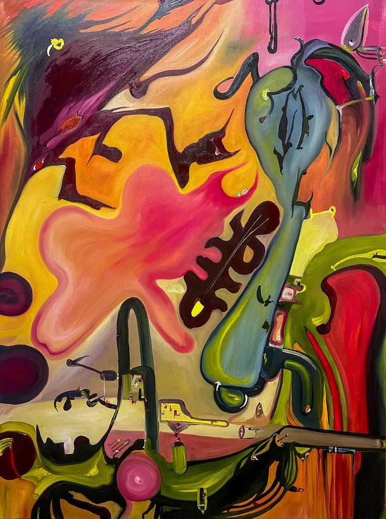 Surreal abstract oil painting with fluid organic shapes in vibrant yellow, pink, and green hues.