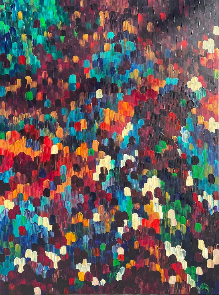 Kate Young abstract painting, size 48x36, blue and multicolour, Guelph artist
