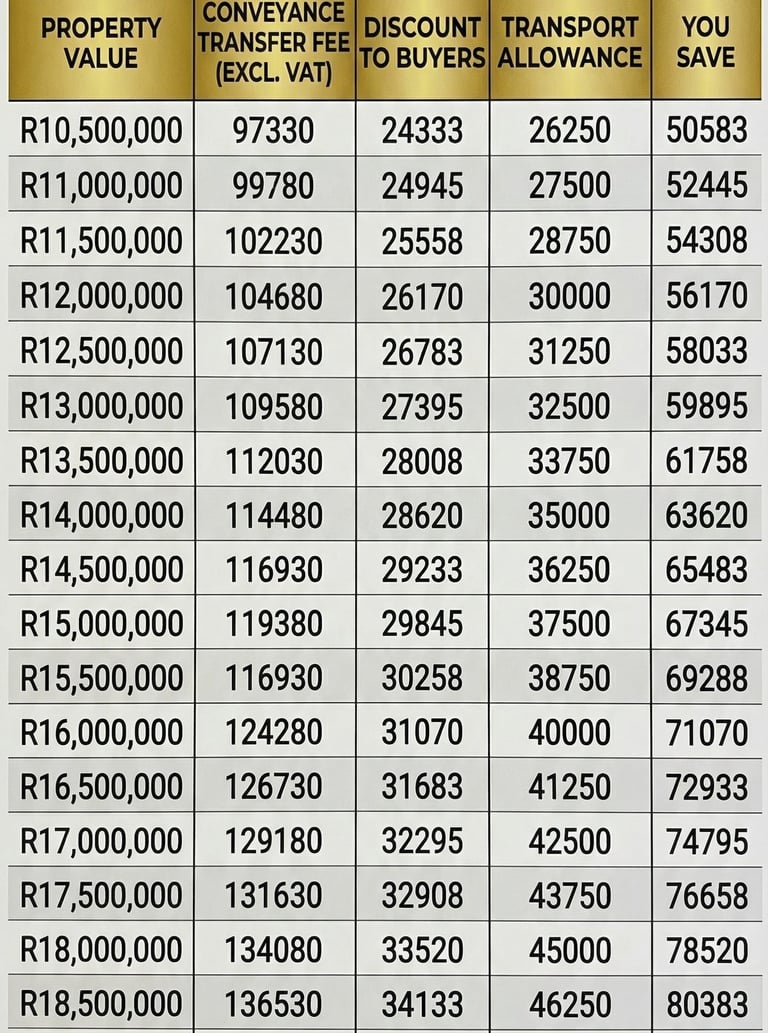 Table showing buyer benefits, property value, conveyance transfer fees, and transport allowances for real estate.