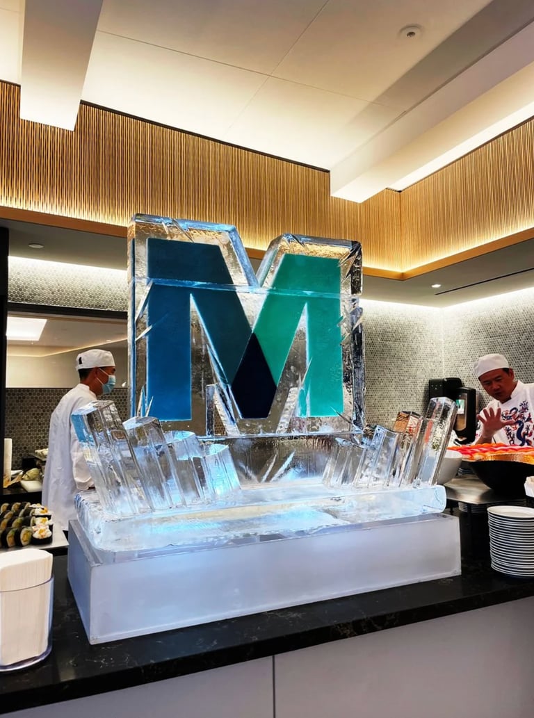 A decorative blue letter M ice sculpture centerpiece at a luxury buffet with sushi chefs.