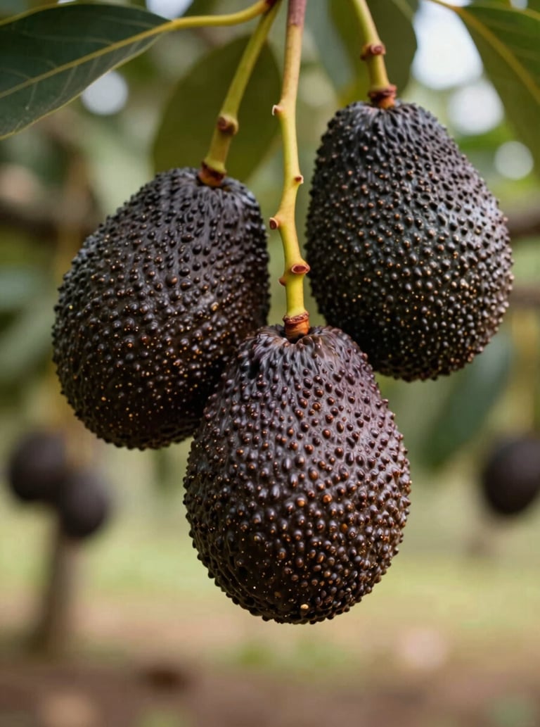 Close-up of ripe Hass avocados on a branch, dark pebbly skin showing mature ripeness cues, warm natural daylight filtering through orchard canopy, shallow depth of field with second cluster softly blurred behind