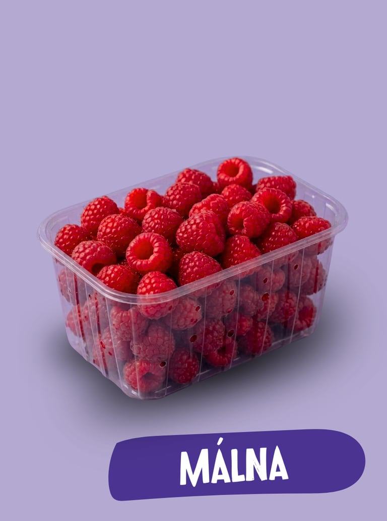 Friss piros málna műanyag tartályban, lila háttérrel és Malna felirattal.