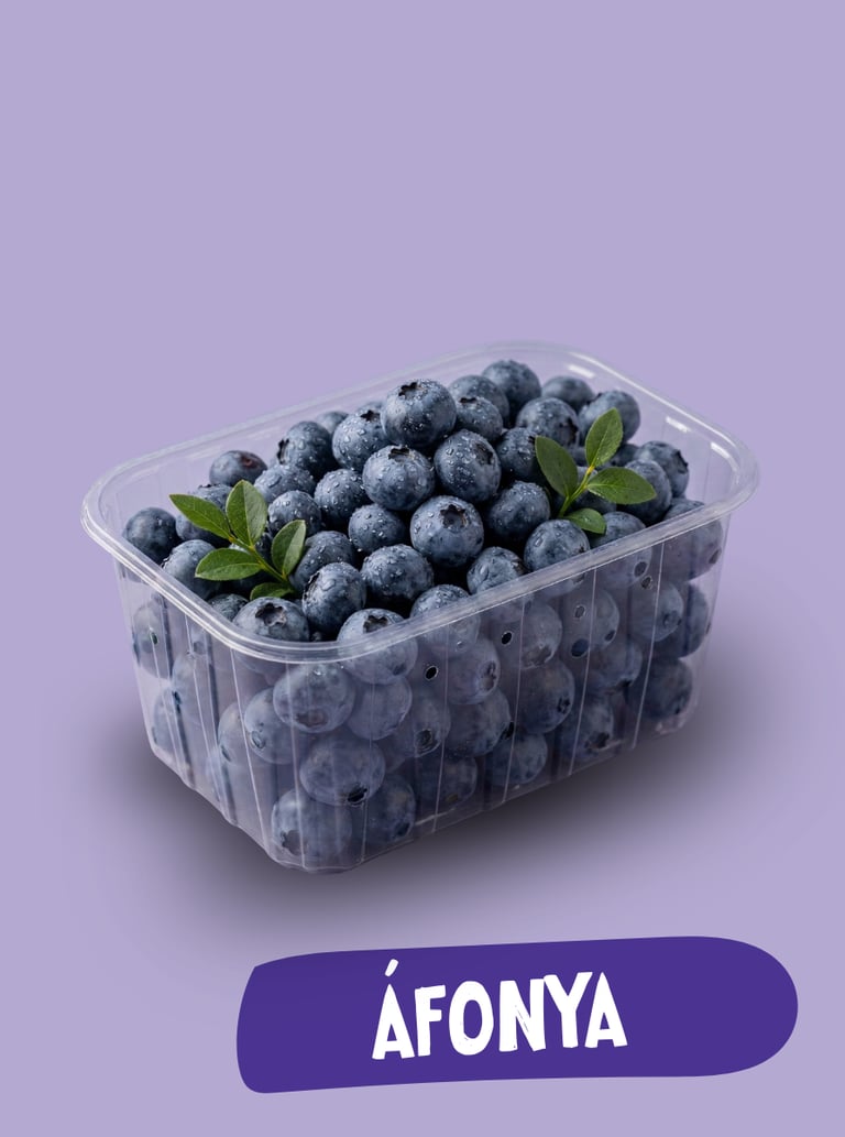 Friss, nyers áfonya vízcseppekkel egy átlátszó műanyag edényben, lila háttér előtt.