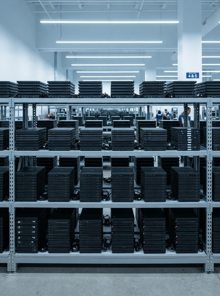 Wide, straight-on shot of neatly stacked enterprise laptops in a clean, brightly lit staging depot, sharp focus, cool tones, 35mm