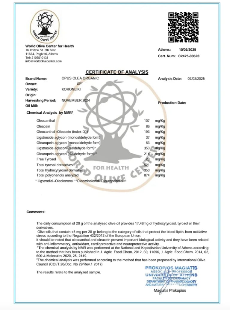 opus olea olive oil polyphenol certificate