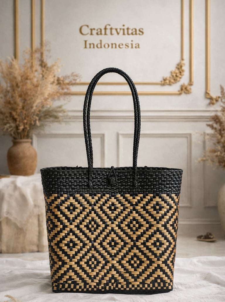 Handwoven plastic tote bag with black and gold batik pattern, handmade Indonesian woven bag by Craftvitas Indonesia