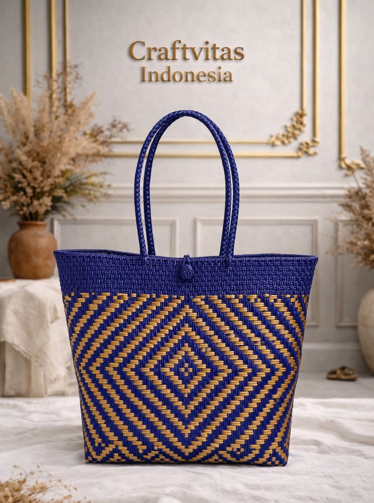 Tas anyaman plastik handmade warna biru tua dan coklat motif diamond etnik dari Craftvitas Indonesia