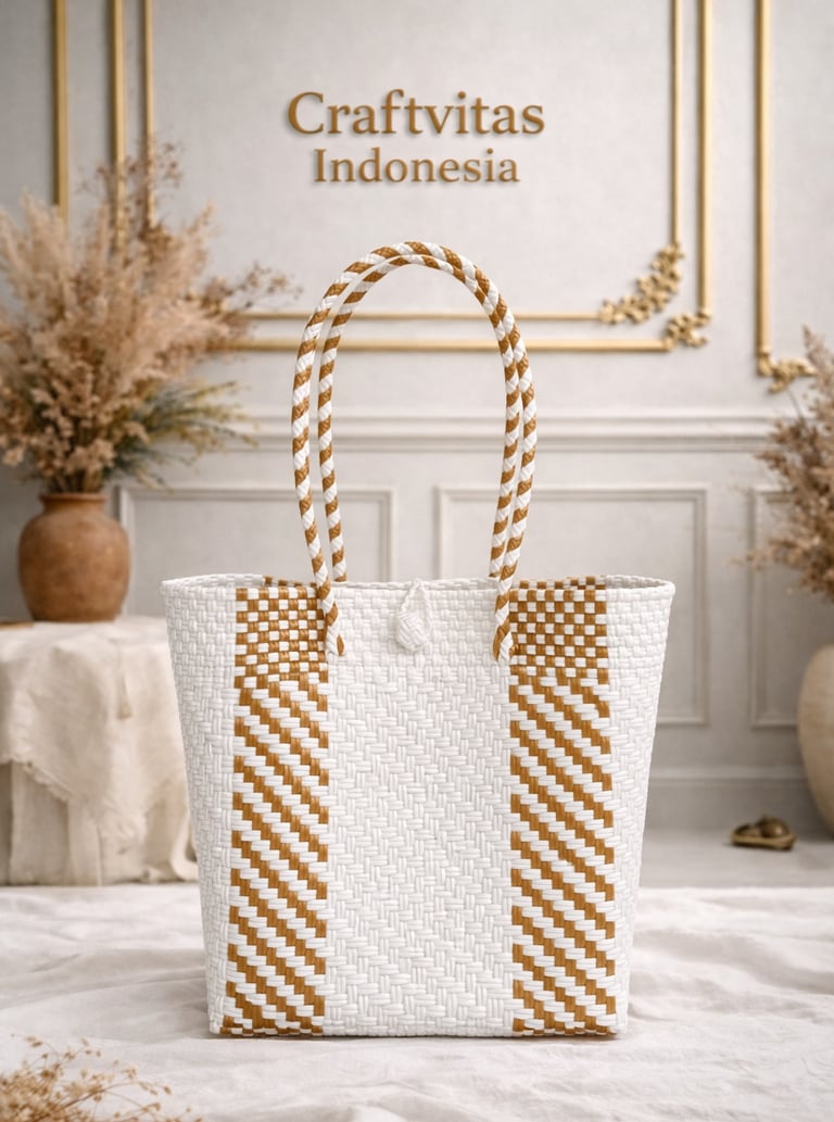 Tas anyaman plastik handmade warna putih dan emas dengan motif diagonal etnik dari Craftvitas Indonesia