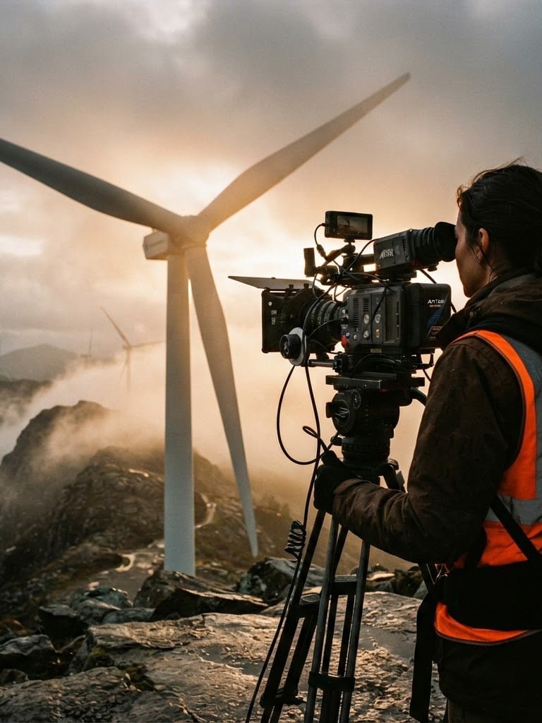 Behind-the-shoulder shot of a professional camera operator filming a massive wind turbine rotor on a misty mountain, high-contrast dramatic side-lighting, warm coffee and safety-orange tones, 35mm film grain.