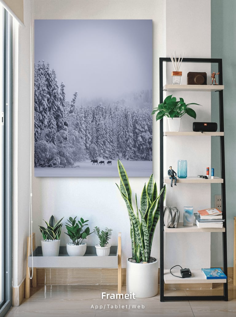 Framed winter landscape wall art featuring a snow-covered pine forest and moose in a modern home interior.