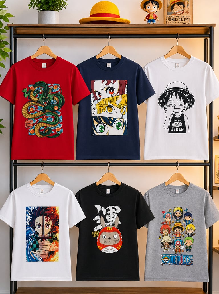 Playeras con estampados de anime de Dragon Ball, Demon Slayer, One Piece y Totoro en un perchero
