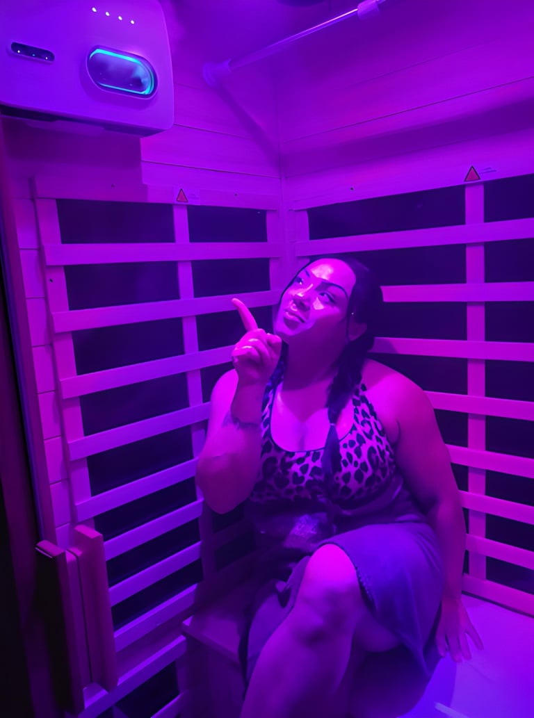 a woman in a leopard print dress sitting in a infrared sauna with halotherapy active salt therapy