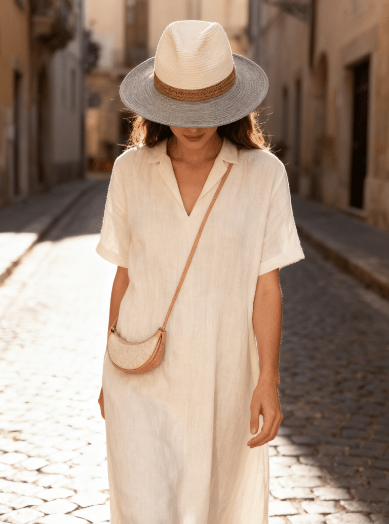 femme se promenant dans la rue, portant le chapeau de paille LIPARI UPF50+