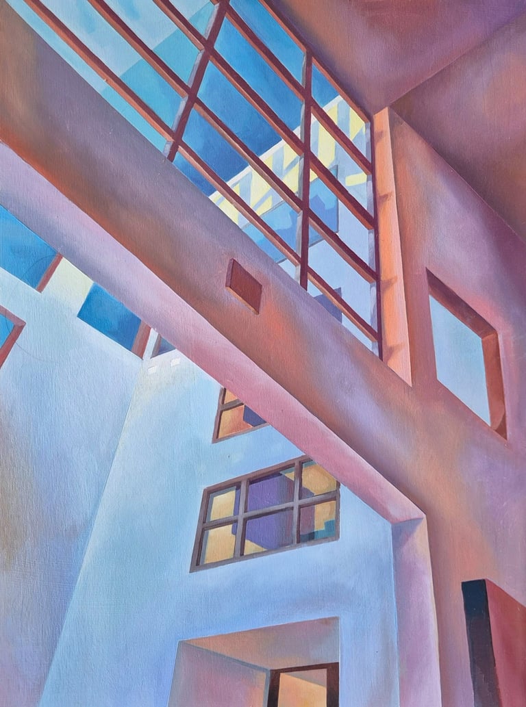 Freilichtung; Öl auf Holz; Gemälde eines Gebäudes im Bauhaus Stil