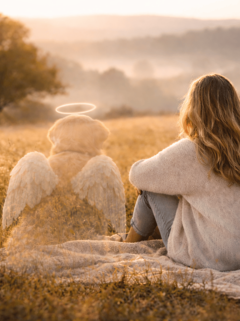 girl sitting in field with angel dog missing him