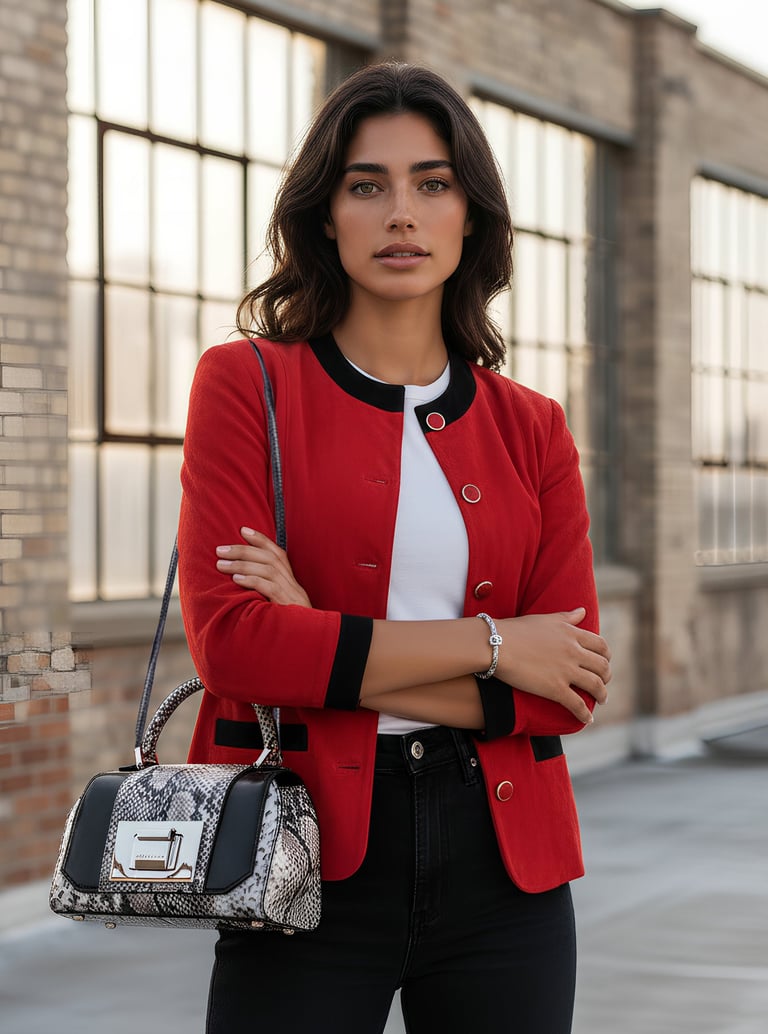 Woman in a red jacket and black jeans posing with a snakeskin handbag in an urban setting.