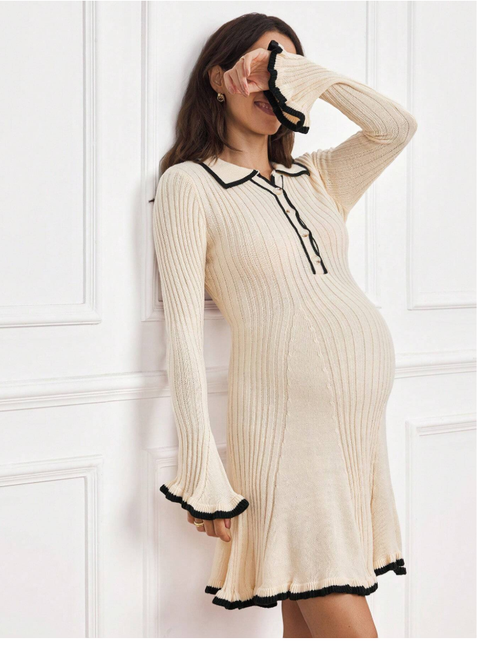 Christmas maternity knit long sleeve sweater dress with collar, cozy holiday winter dress for pregna