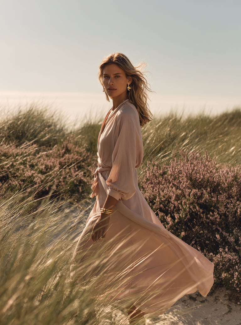 HeideSchmuck Model trägt elegante Silberohrringe und Schmuckstücke im Heidefeld bei Sonnenuntergang.