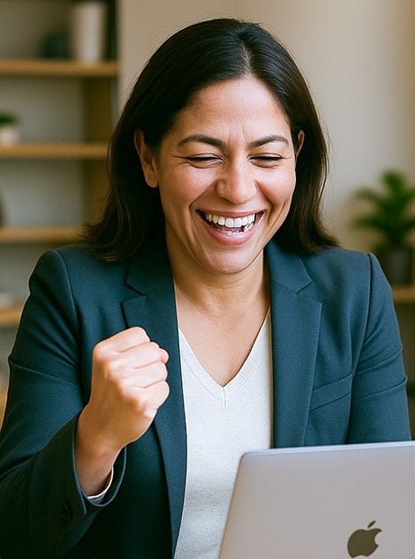 Latina businesswoman in her 40s celebrating success while looking at her laptop in a office