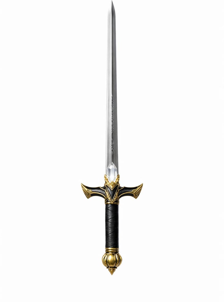 Ornate fantasy broadsword with a gold and black hilt featuring a crystal inlay on a white background.