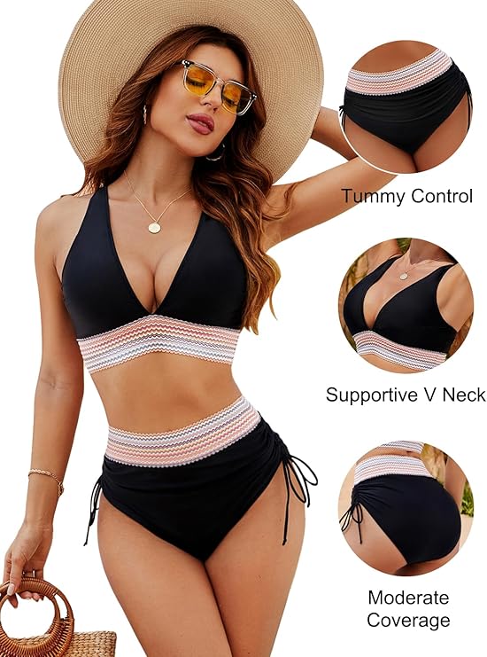 Blooming Jelly two-piece high waisted bikini with tummy control, color block design, ruched bottom