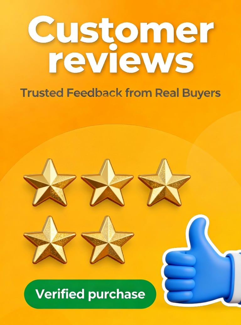 Customer reviews graphic featuring five gold stars, a blue thumbs up, and a verified purchase badge on yellow.