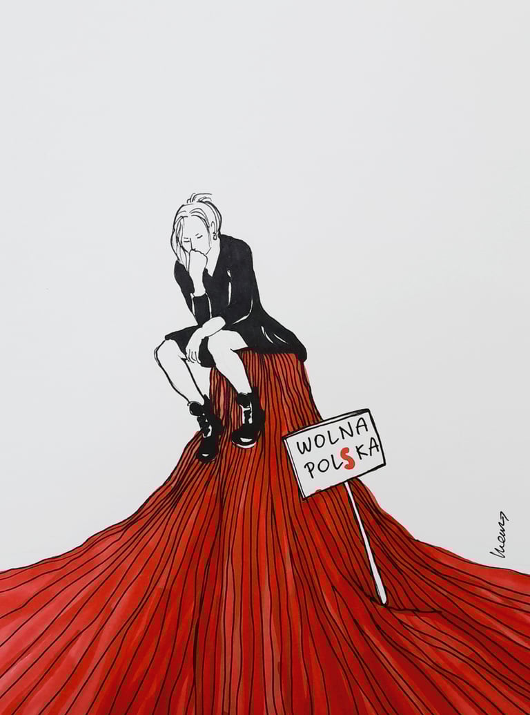 Illustration of a woman sitting on red mountain