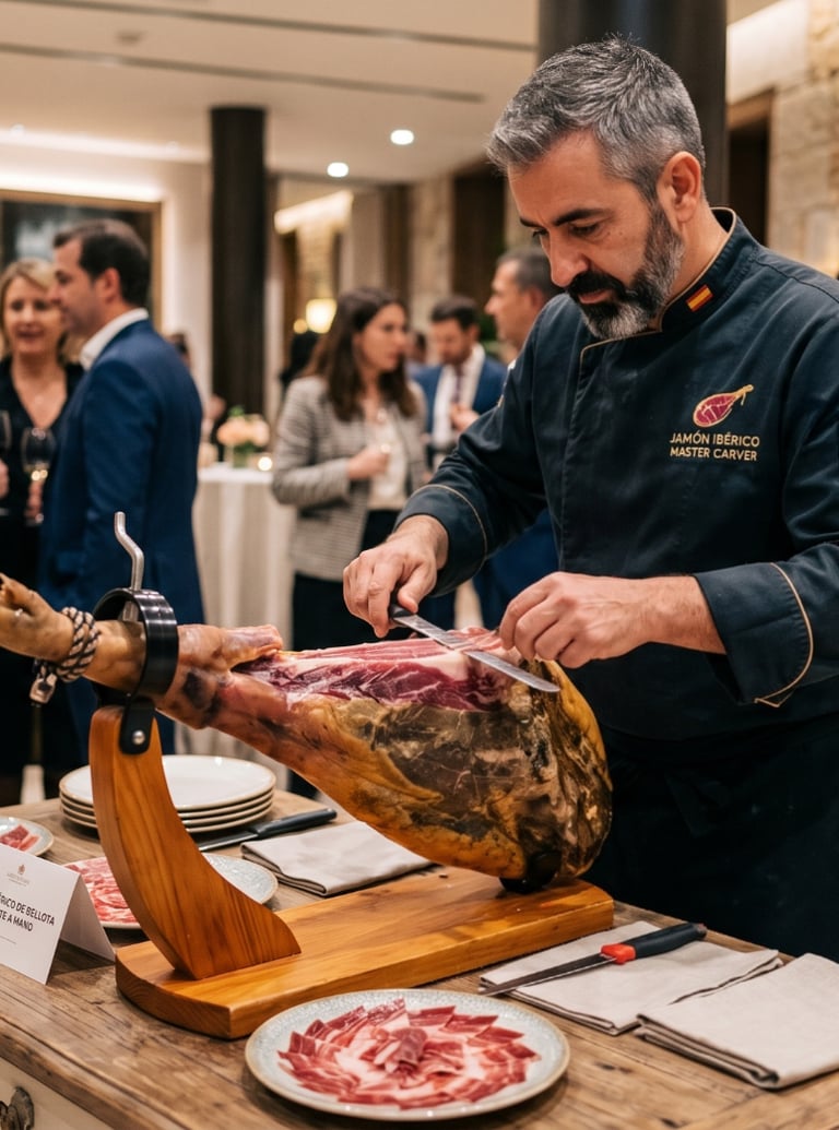 Un chef animateur - maître charcutier découpe du jambon ibérique lors d'un événement d'entreprise.